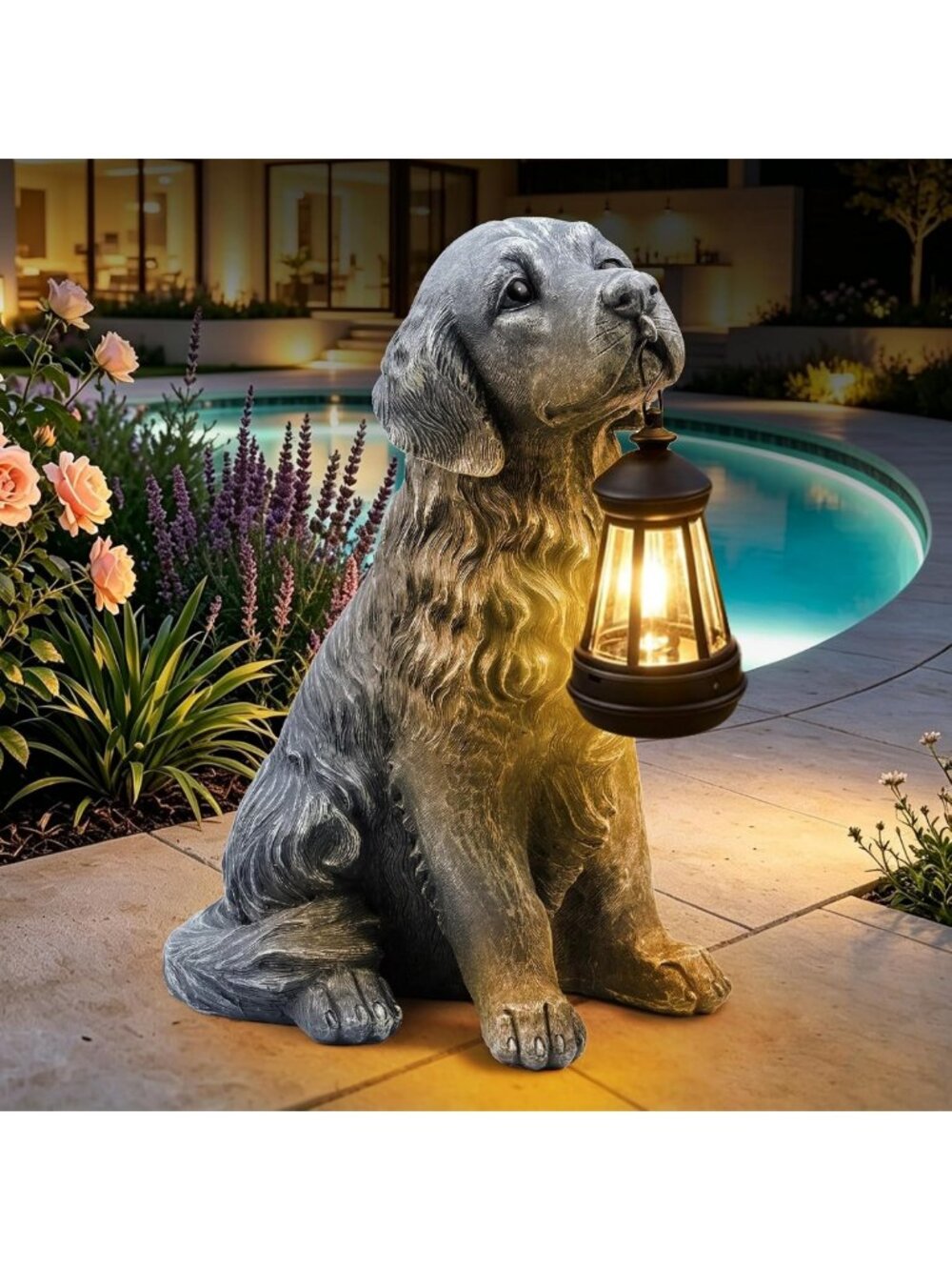 Large 12.2" Garden Dog Statue with Solar Lantern - Outdoor Patio Decor